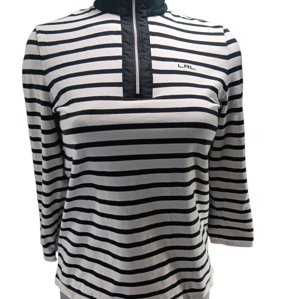 LRL Ralph Lauren 1/4 Zip Top Size S Black Stripe Preppy Nautical Coastal Classic